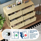 Comò moderno a 6 cassetti in rattan, Rovere Naturale, Organizer per armadio in legno, Design Bohemien e maniglie in legno