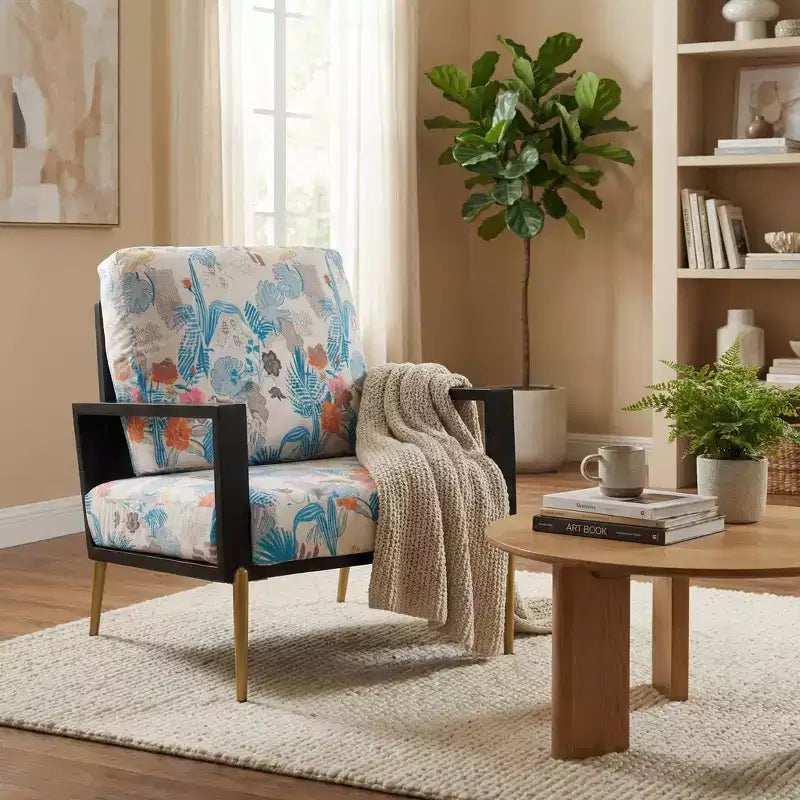 Poltrona da salotto FurnitureR con stampa floreale e gambe in metallo, poltroncina moderna imbottita per soggiorno, camera da letto o angolo lettura