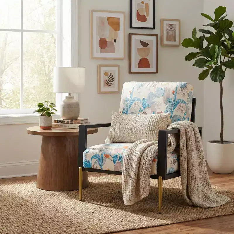 Poltrona da salotto FurnitureR con stampa floreale e gambe in metallo, poltroncina moderna imbottita per soggiorno, camera da letto o angolo lettura