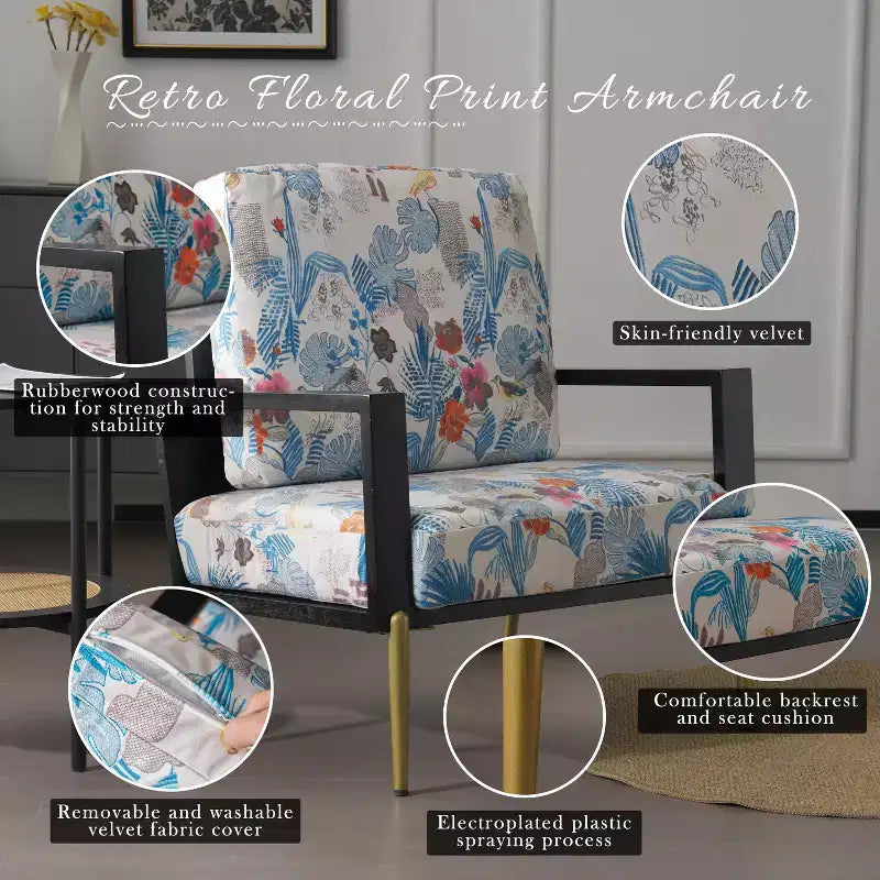 Poltrona da salotto FurnitureR con stampa floreale e gambe in metallo, poltroncina moderna imbottita per soggiorno, camera da letto o angolo lettura