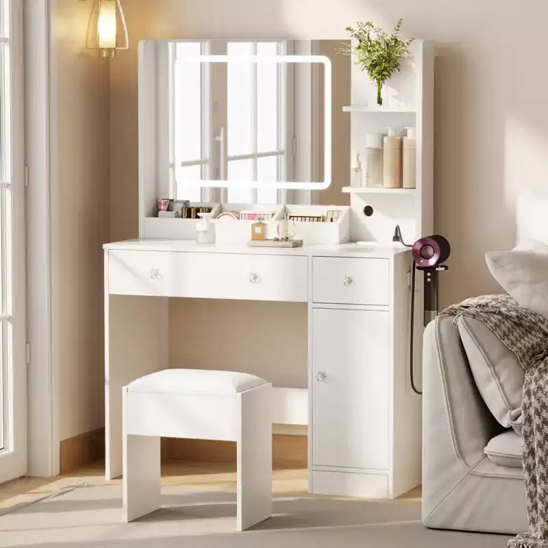 Toeletta Bianca per Trucco con Specchio e Luci Set Trucco con Sgabello Specchio Illuminato a 3 Colori Tavolo da Trucco con Presa di Corrente e Cassetti