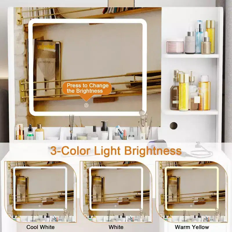 Toeletta Bianca per Trucco con Specchio e Luci Set Trucco con Sgabello Specchio Illuminato a 3 Colori Tavolo da Trucco con Presa di Corrente e Cassetti
