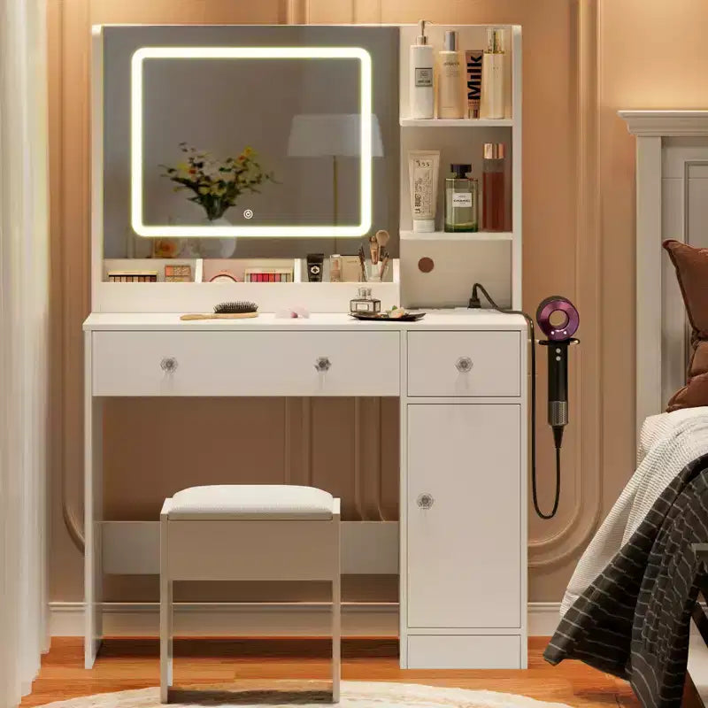 Toeletta Bianca per Trucco con Specchio e Luci Set Trucco con Sgabello Specchio Illuminato a 3 Colori Tavolo da Trucco con Presa di Corrente e Cassetti