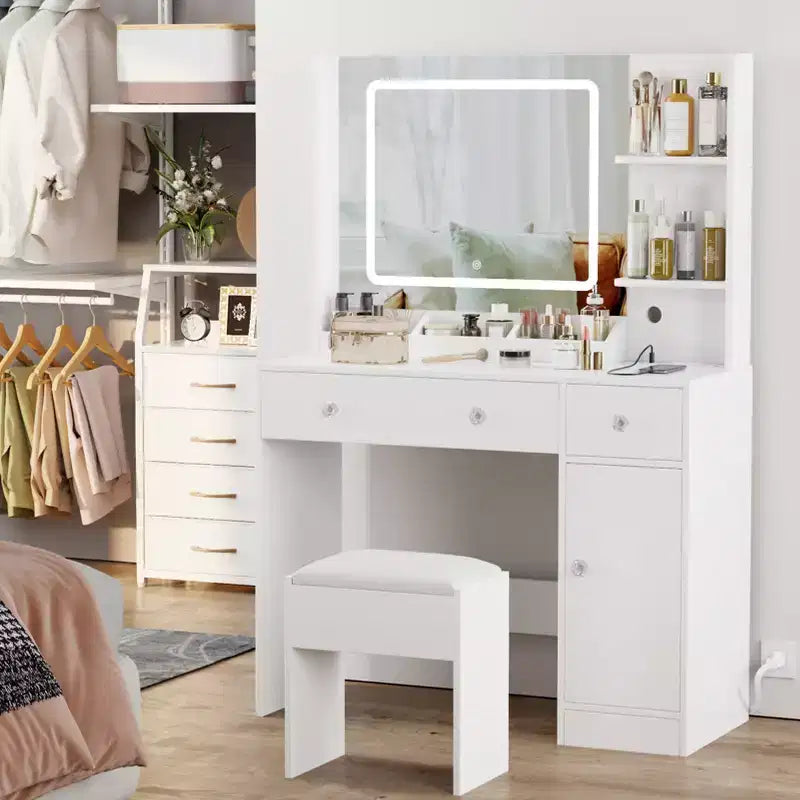 Toeletta Bianca per Trucco con Specchio e Luci Set Trucco con Sgabello Specchio Illuminato a 3 Colori Tavolo da Trucco con Presa di Corrente e Cassetti
