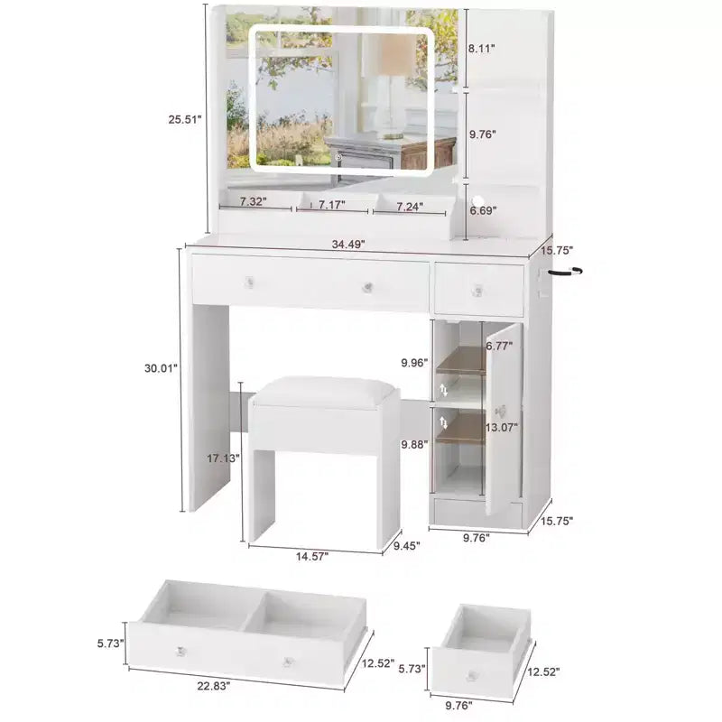 Toeletta Bianca per Trucco con Specchio e Luci Set Trucco con Sgabello Specchio Illuminato a 3 Colori Tavolo da Trucco con Presa di Corrente e Cassetti