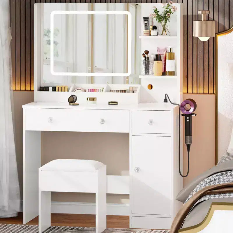 Toeletta Bianca per Trucco con Specchio e Luci Set Trucco con Sgabello Specchio Illuminato a 3 Colori Tavolo da Trucco con Presa di Corrente e Cassetti