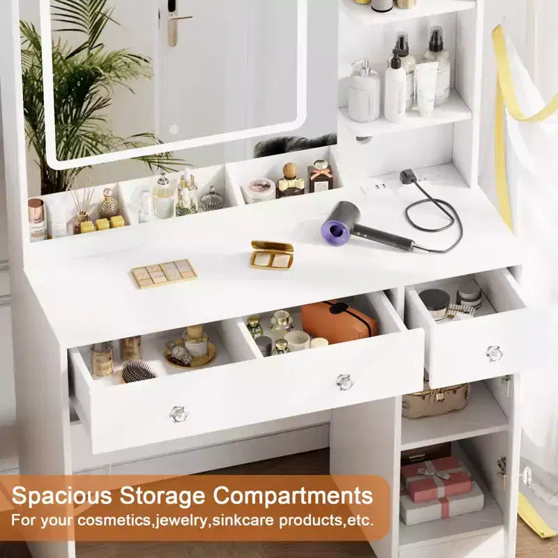 Toeletta Bianca per Trucco con Specchio e Luci Set Trucco con Sgabello Specchio Illuminato a 3 Colori Tavolo da Trucco con Presa di Corrente e Cassetti