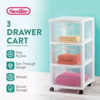 Carrello portaoggetti Sterilite a 3 cassetti, organizer medio in plastica con ruote, bianco, confezione da 4