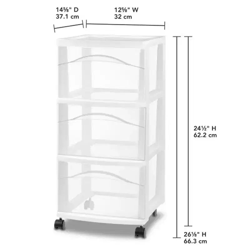 Carrello portaoggetti Sterilite a 3 cassetti, organizer medio in plastica con ruote, bianco, confezione da 4
