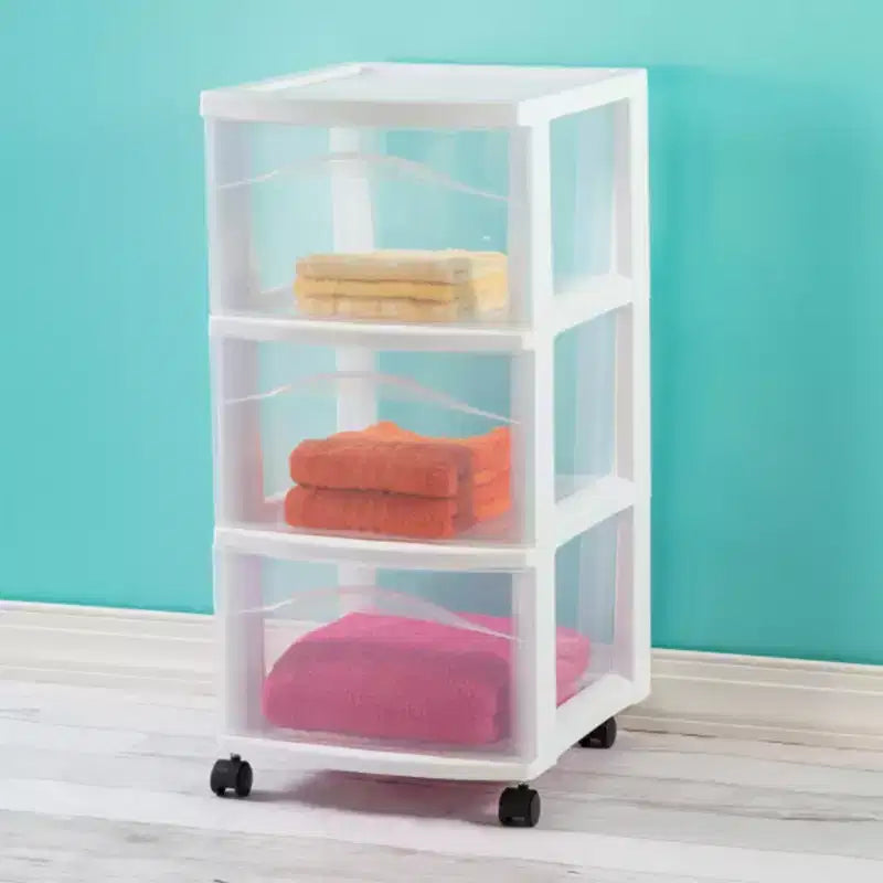 Carrello portaoggetti Sterilite a 3 cassetti, organizer medio in plastica con ruote, bianco, confezione da 4