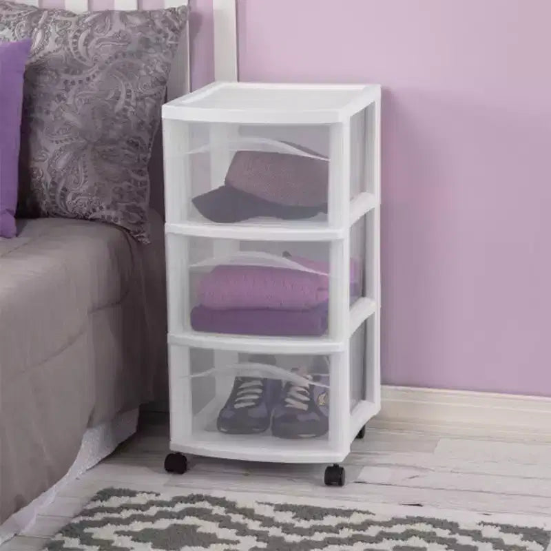 Carrello portaoggetti Sterilite a 3 cassetti, organizer medio in plastica con ruote, bianco, confezione da 4