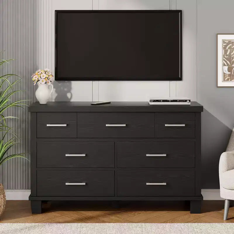 7 Drawers Wood Dresser for Bedroom, 51 Wide Storage Chest of Drawers, Modern Wooden Organizer with Metal Handles for Closet, Living Room