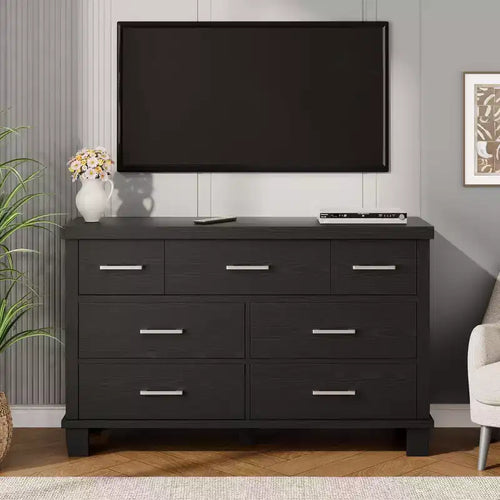 7 Drawers Wood Dresser for Bedroom, 51 Wide Storage Chest of Drawers, Modern Wooden Organizer with Metal Handles for Closet, Living Room