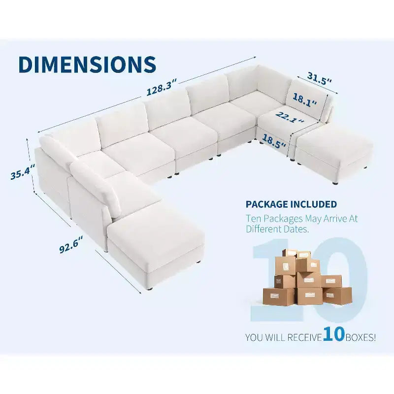 Divano componibile modulare da 128", 9 posti a L con 2 pouf contenitore, divano letto moderno con rivestimenti e cuscini sfoderabili e lavabili