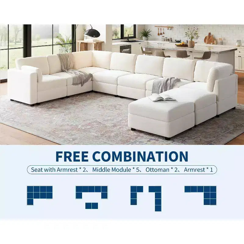 Divano componibile modulare da 128", 9 posti a L con 2 pouf contenitore, divano letto moderno con rivestimenti e cuscini sfoderabili e lavabili