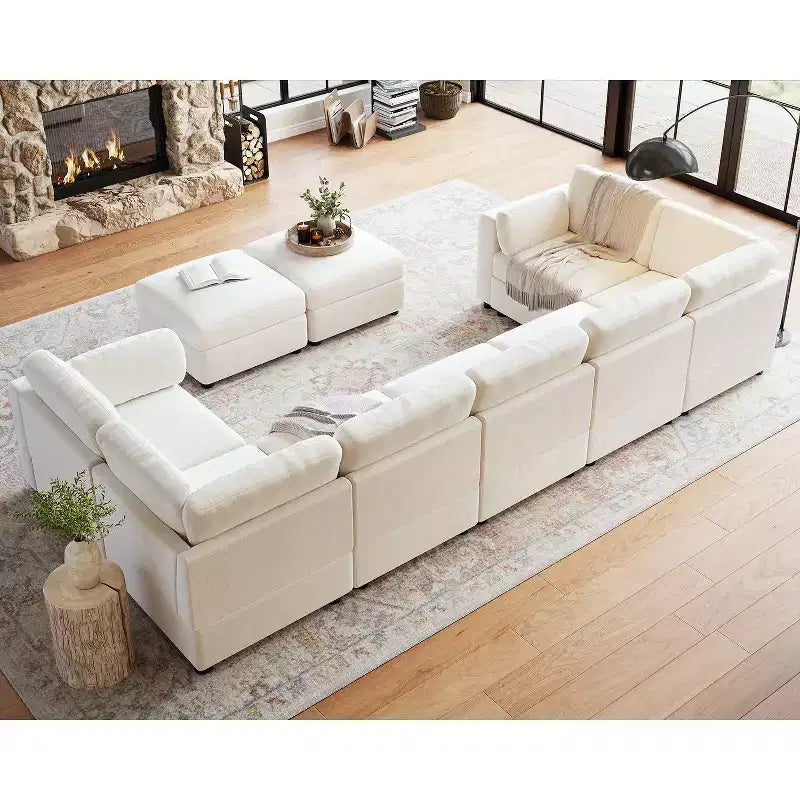 Divano componibile modulare da 128", 9 posti a L con 2 pouf contenitore, divano letto moderno con rivestimenti e cuscini sfoderabili e lavabili