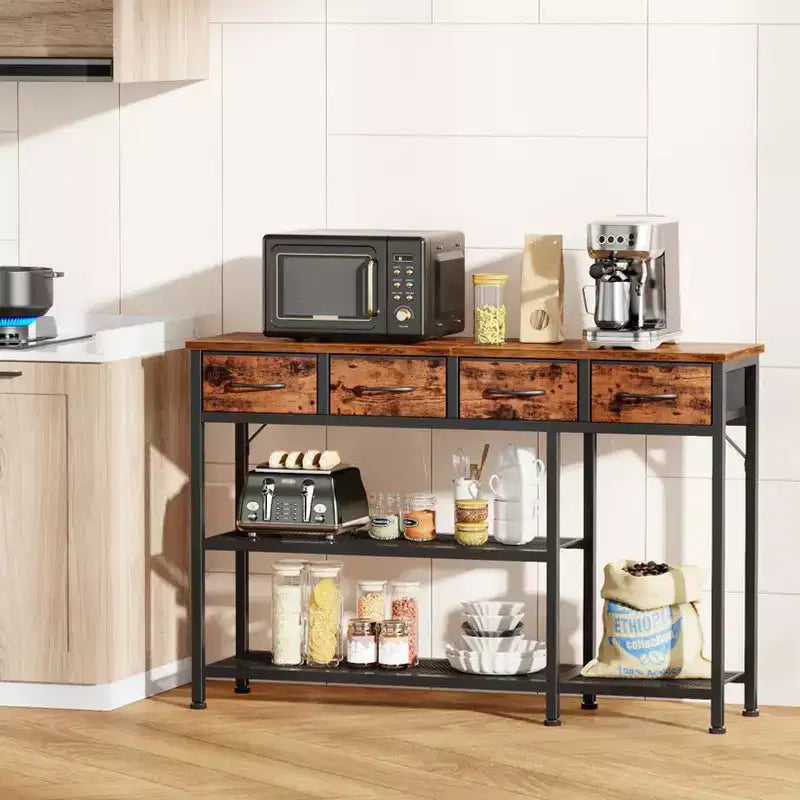 Tavolo Console da Ingresso/Divano in Legno Industriale Rustico Marrone con Piano da 119 cm, 4 Cassetti Contenitori in Tessuto, Scarpiera in Rete Metallica, per Ingresso Anteriore, Foyer, Corridoio