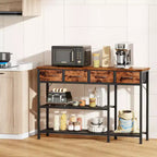 Tavolo Console da Ingresso/Divano in Legno Industriale Rustico Marrone con Piano da 119 cm, 4 Cassetti Contenitori in Tessuto, Scarpiera in Rete Metallica, per Ingresso Anteriore, Foyer, Corridoio