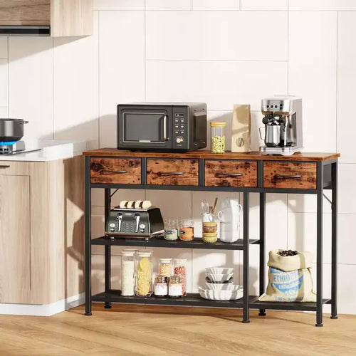 Tavolo Console da Ingresso/Divano in Legno Industriale Rustico Marrone con Piano da 119 cm, 4 Cassetti Contenitori in Tessuto, Scarpiera in Rete Metallica, per Ingresso Anteriore, Foyer, Corridoio