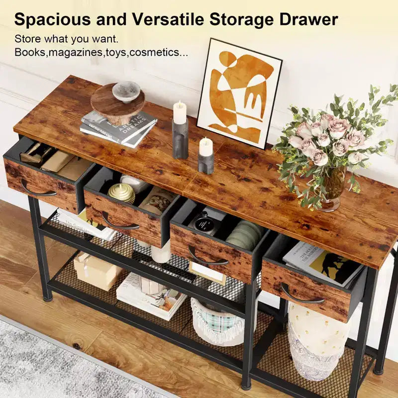 Tavolo Console da Ingresso/Divano in Legno Industriale Rustico Marrone con Piano da 119 cm, 4 Cassetti Contenitori in Tessuto, Scarpiera in Rete Metallica, per Ingresso Anteriore, Foyer, Corridoio
