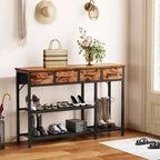 Tavolo Console da Ingresso/Divano in Legno Industriale Rustico Marrone con Piano da 119 cm, 4 Cassetti Contenitori in Tessuto, Scarpiera in Rete Metallica, per Ingresso Anteriore, Foyer, Corridoio