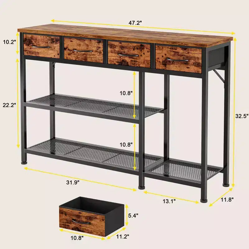 Tavolo Console da Ingresso/Divano in Legno Industriale Rustico Marrone con Piano da 119 cm, 4 Cassetti Contenitori in Tessuto, Scarpiera in Rete Metallica, per Ingresso Anteriore, Foyer, Corridoio