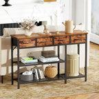 Tavolo Console da Ingresso/Divano in Legno Industriale Rustico Marrone con Piano da 119 cm, 4 Cassetti Contenitori in Tessuto, Scarpiera in Rete Metallica, per Ingresso Anteriore, Foyer, Corridoio