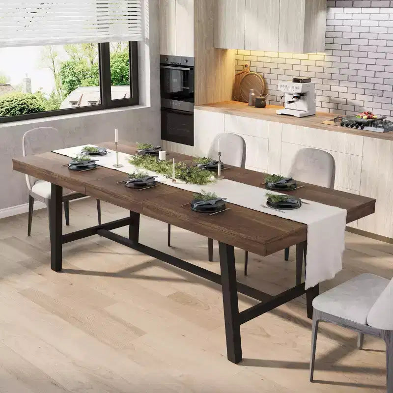 Tavolo da Pranzo Allungabile, Tavolo da Pranzo Rettangolare Industriale, Struttura in Metallo, per Sala da Pranzo, Cucina
