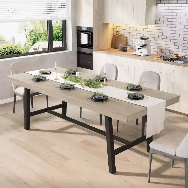 Tavolo da Pranzo Allungabile, Tavolo da Pranzo Rettangolare Industriale, Struttura in Metallo, per Sala da Pranzo, Cucina