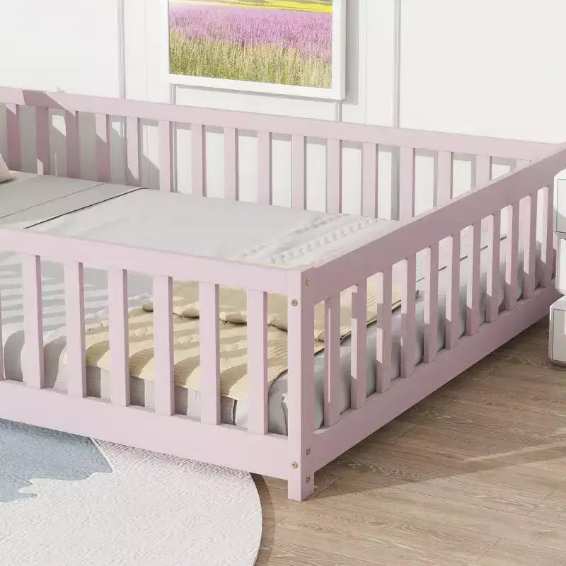 Bellemave Letto a Terra Montessori Completo con Recinzione e Porta, Struttura Bassa in Legno per Bambini con Sponde di Protezione, Legno Massello di Gomma, Facile da Montare