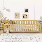 Bellemave Letto a Terra Montessori Completo con Recinzione e Porta, Struttura Bassa in Legno per Bambini con Sponde di Protezione, Legno Massello di Gomma, Facile da Montare