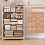 Cassettiera in legno a 5 cassetti, 45H, comò moderno con ampio spazio, organizer alto in legno per camera da letto, soggiorno e ingresso