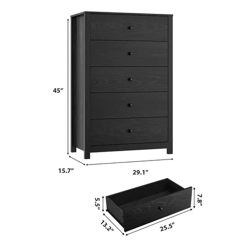 Cassettiera in legno a 5 cassetti, 45H, comò moderno con ampio spazio, organizer alto in legno per camera da letto, soggiorno e ingresso