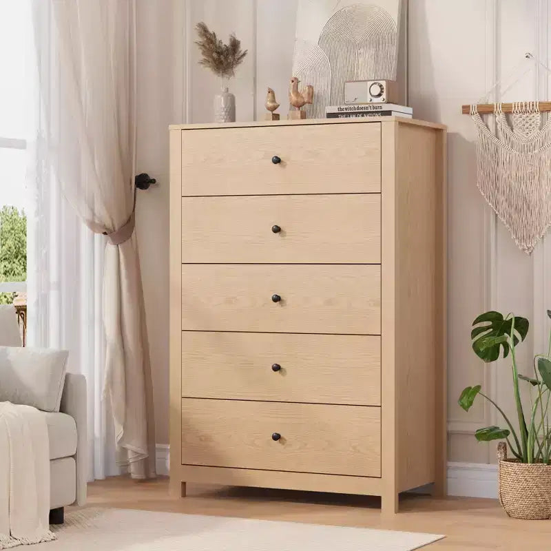 Cassettiera in legno a 5 cassetti, 45H, comò moderno con ampio spazio, organizer alto in legno per camera da letto, soggiorno e ingresso