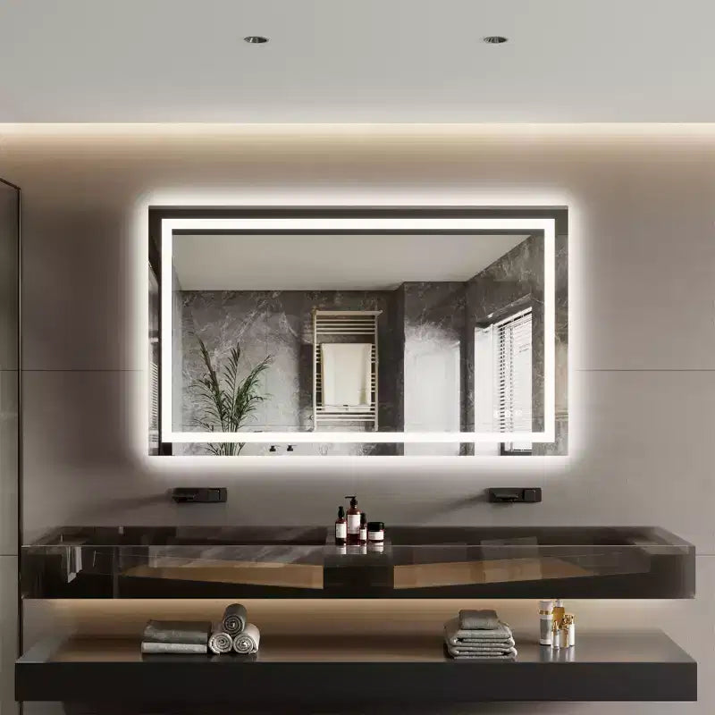 Specchio da bagno LED senza cornice con doppie strisce luminose, illuminazione frontale e posteriore dimmerabile, anti-appannamento, 3 temperature di colore, controllo touch con memoria