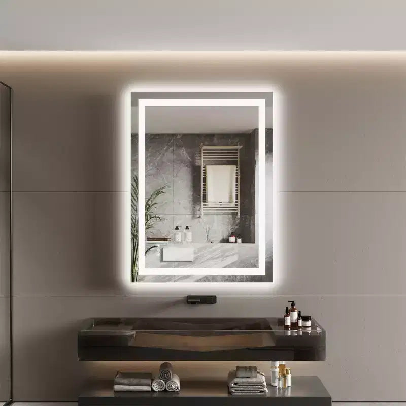 Specchio da bagno LED senza cornice con doppie strisce luminose, illuminazione frontale e posteriore dimmerabile, anti-appannamento, 3 temperature di colore, controllo touch con memoria