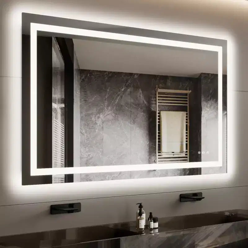 Specchio da bagno LED senza cornice con doppie strisce luminose, illuminazione frontale e posteriore dimmerabile, anti-appannamento, 3 temperature di colore, controllo touch con memoria