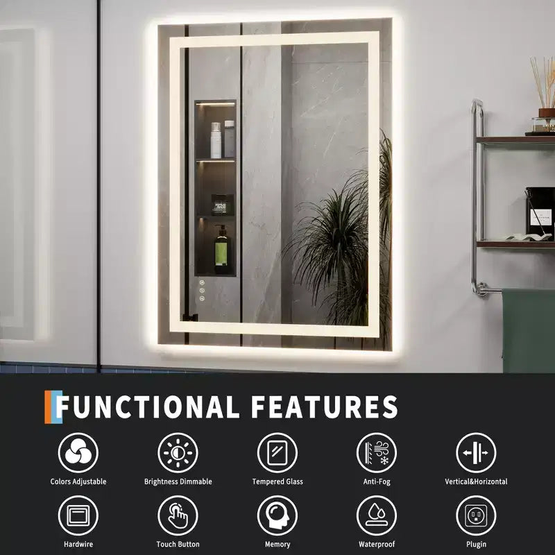 Specchio da bagno LED senza cornice con doppie strisce luminose, illuminazione frontale e posteriore dimmerabile, anti-appannamento, 3 temperature di colore, controllo touch con memoria