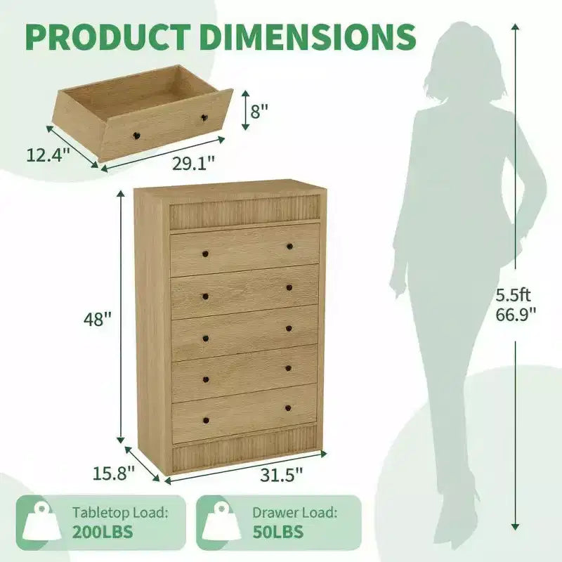 Cassettiera Alta per Camera da Letto da 31,5 W, Comò Scanalato, Mobile Contenitore Moderno in Legno con 5 Cassetti, per Stanza dei Bambini, Corridoio, Soggiorno