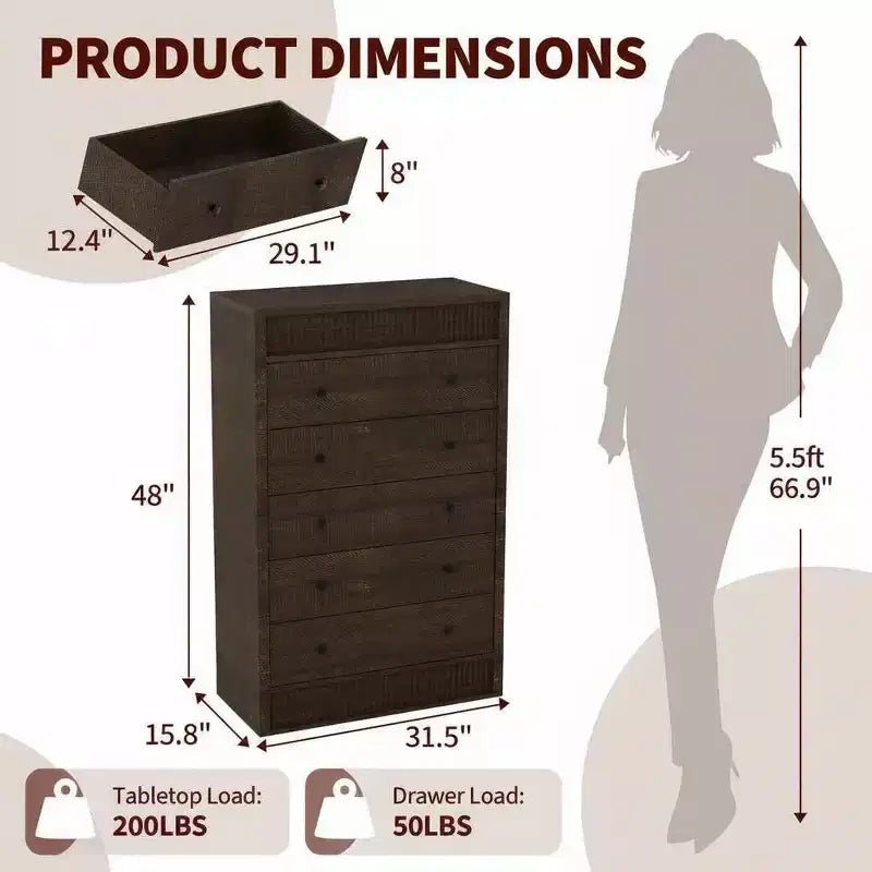 Cassettiera Alta per Camera da Letto da 31,5 W, Comò Scanalato, Mobile Contenitore Moderno in Legno con 5 Cassetti, per Stanza dei Bambini, Corridoio, Soggiorno