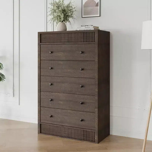 31.5 W Tall Dresser for Bedroom, Fluted Chest of Drawers, Modern Wood Storage Cabinet with 5 Drawers, for Kids Room, Hallway, Living Room