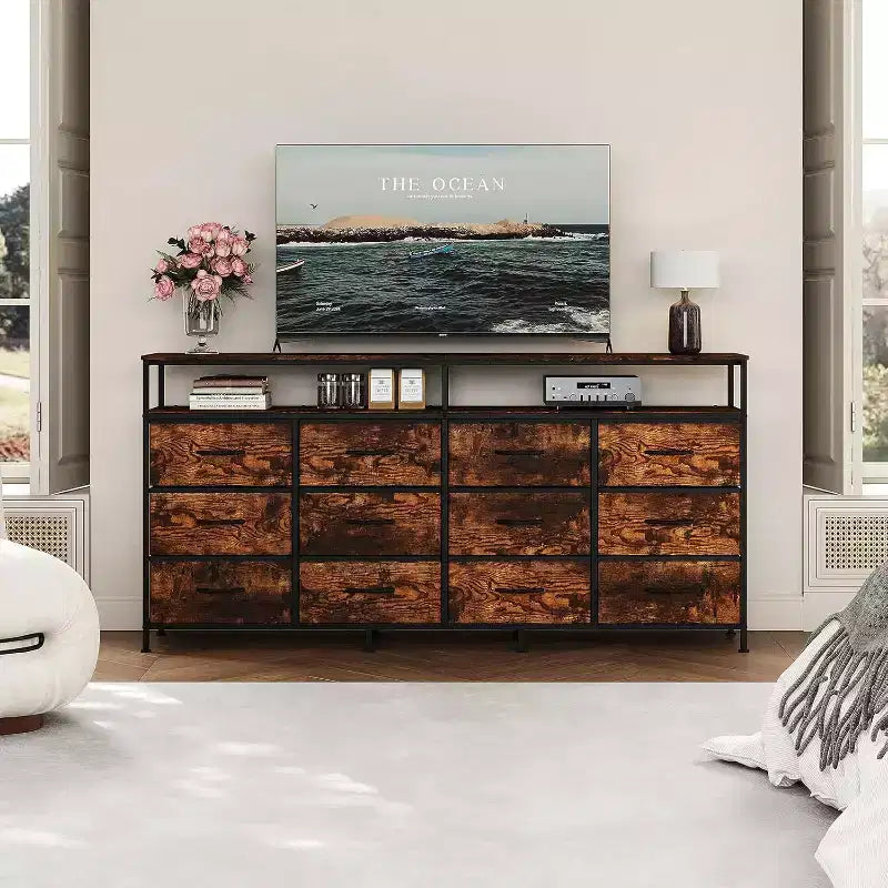 Comò lungo 160 cm per soggiorno, comò in tessuto a 12 cassetti con porta TV per camera da letto, cassettiera con ripiani aperti