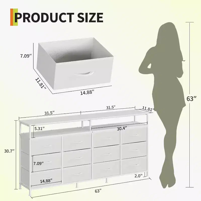 Comò lungo 160 cm per soggiorno, comò in tessuto a 12 cassetti con porta TV per camera da letto, cassettiera con ripiani aperti