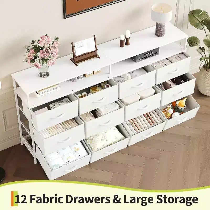Comò lungo 160 cm per soggiorno, comò in tessuto a 12 cassetti con porta TV per camera da letto, cassettiera con ripiani aperti