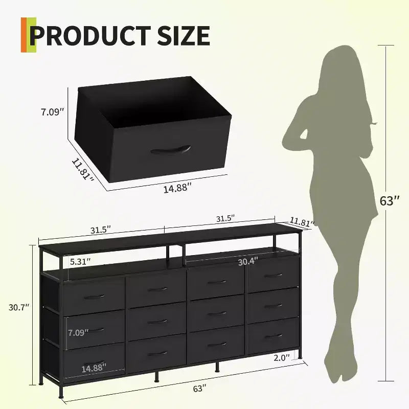 Comò lungo 160 cm per soggiorno, comò in tessuto a 12 cassetti con porta TV per camera da letto, cassettiera con ripiani aperti