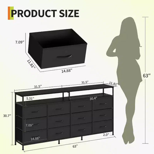 Commode longue de 63'' pour salon, commode en tissu à 12 tiroirs meuble TV pour chambre à coucher, commode avec étagères ouvertes