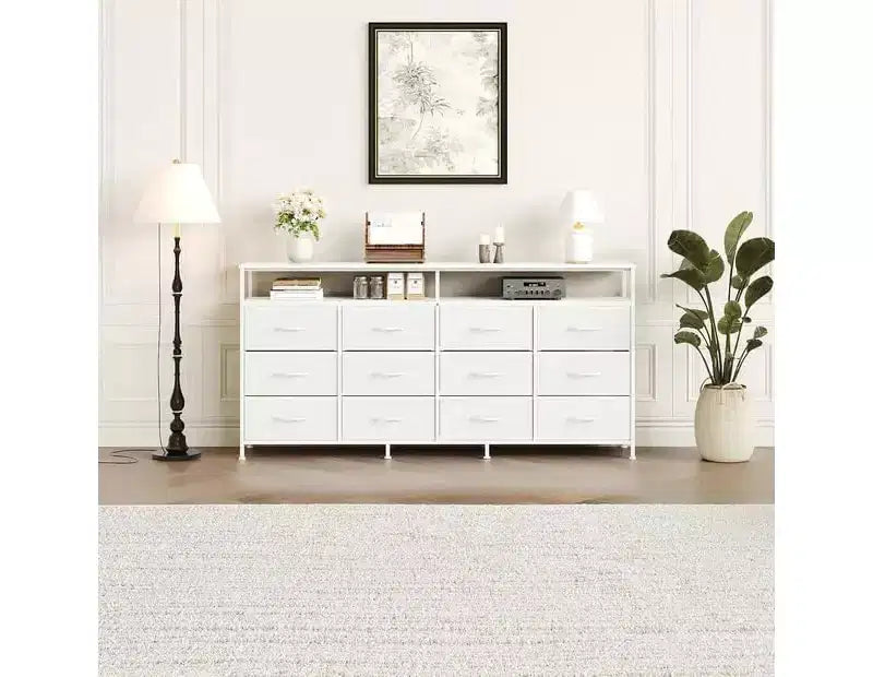 Comò lungo 160 cm per soggiorno, comò in tessuto a 12 cassetti con porta TV per camera da letto, cassettiera con ripiani aperti
