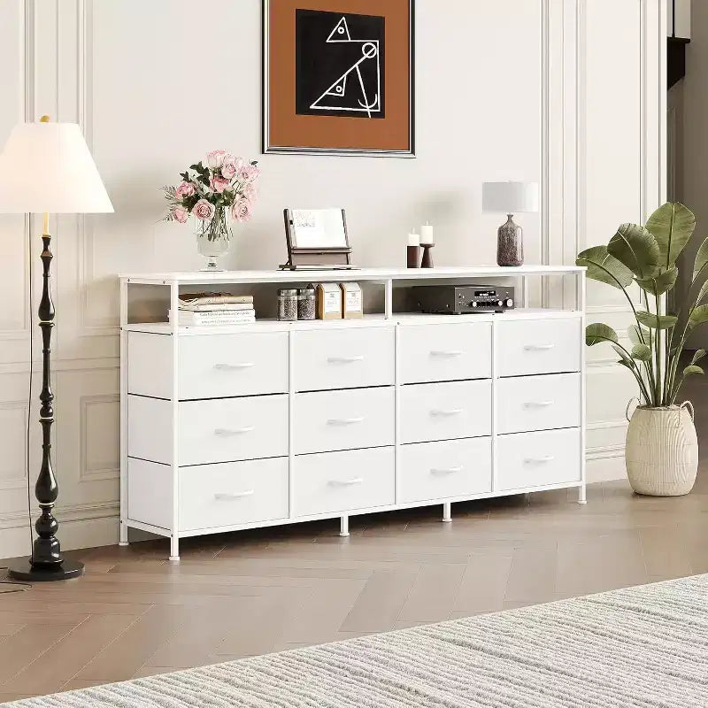Comò lungo 160 cm per soggiorno, comò in tessuto a 12 cassetti con porta TV per camera da letto, cassettiera con ripiani aperti