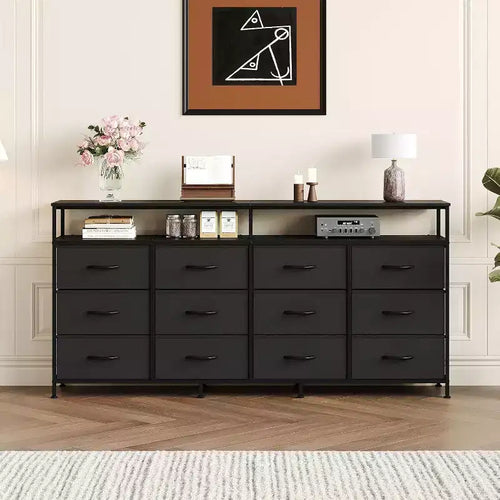 63'' Long Dresser for Living Room,12 Drawers Fabric Dresser TV Stand for Bedroom, Chest of Drawers with Open Shelves