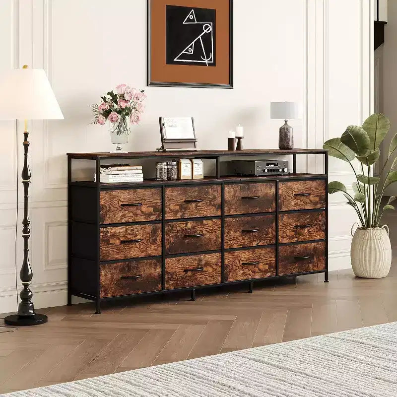 Comò lungo 160 cm per soggiorno, comò in tessuto a 12 cassetti con porta TV per camera da letto, cassettiera con ripiani aperti